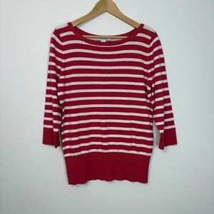 WHBM Womens Striped Boat Neck 3/4 Sleeve Sweater Size Large Red White Perforated